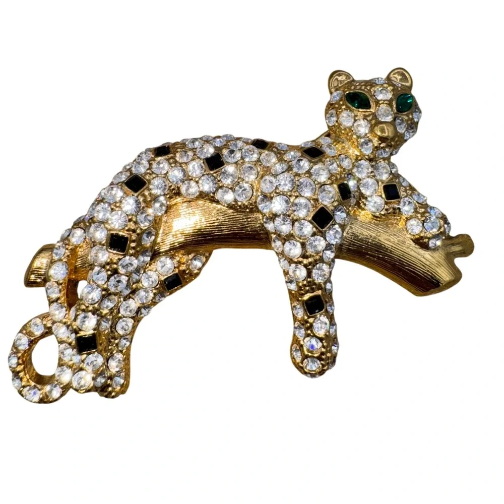 Vintage Rhinestone‎ Leopard Panther Brooch Gold Tone Pave Crystal Big Cat Pin